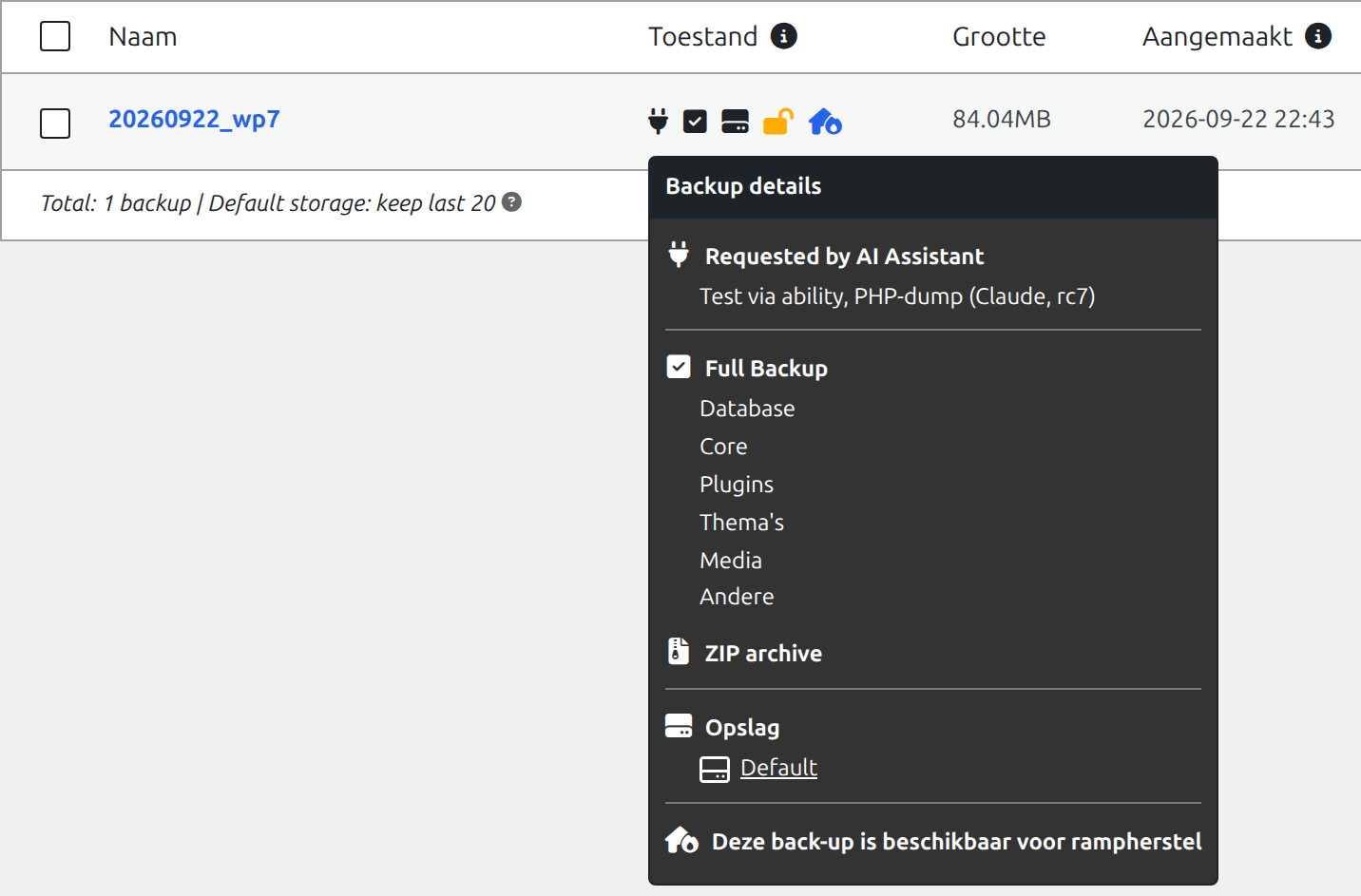Duplicator-backuplijst met de backup die Claude maakte. De tooltip toont: Requested by AI Assistant, met als reden Test via ability, PHP-dump (Claude, rc7).