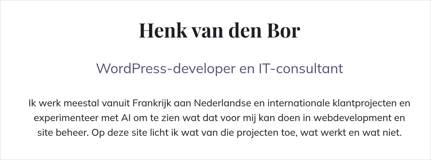 Het introblok op de voorpagina: de kop Henk van den Bor in Playfair Display, daaronder tekst in Mulish.